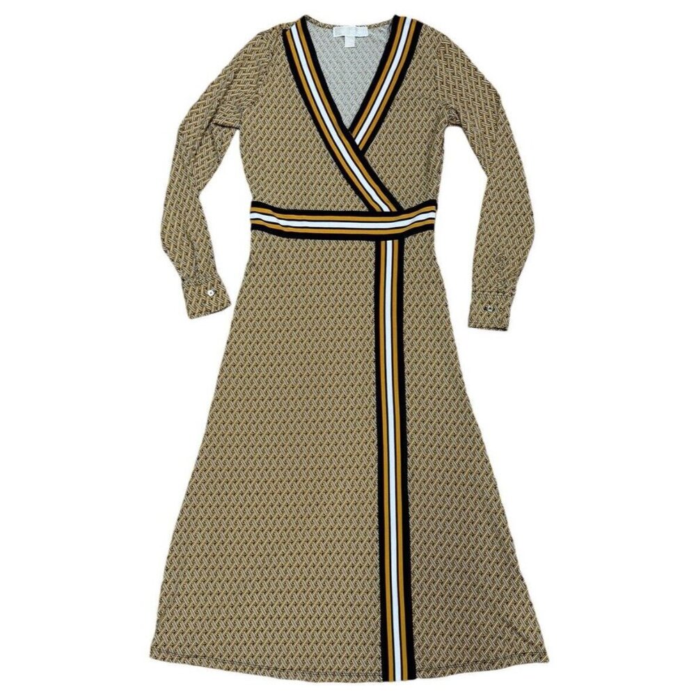 MICHAEL Michael Kors Tan Patterned Wrap Midi Dress with Black and White Stripes - Picture 4 of 11